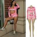 2025 Trending Summer Outfit Woman 3 Piece Set Fitted Tracksuit Color Block Sports Bra Jacket and Shorts Ladies Gym Workout Sets