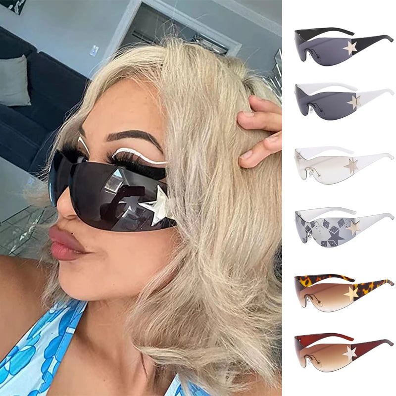 Y2K Rimless Sunglasses Men Women Luxury Brand Fashion Wrap Around Goggle Star Shape One Piece Sports Outdoor Shades Eyewear