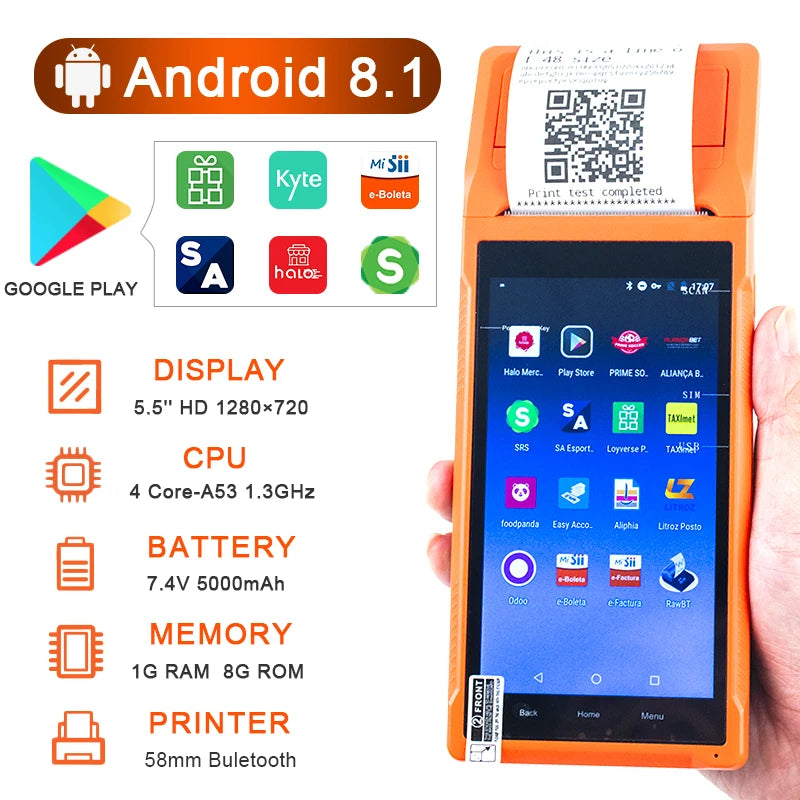 Handheld Android 8.1 PDA POS Printer 58mm Mobile Receipt Bill Thermal Printer 5.5 HD Support WiFi 1D/2D Scanning POS System