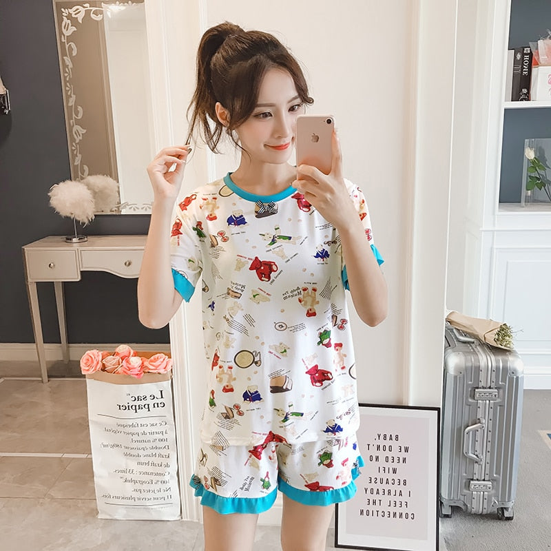 Hot sale Summer Shorts Pajama Sets for Women Short Sleeve Sleepwear Cute Girls Cartoon Pyjama Homewear Pijama Mujer Home Clothes