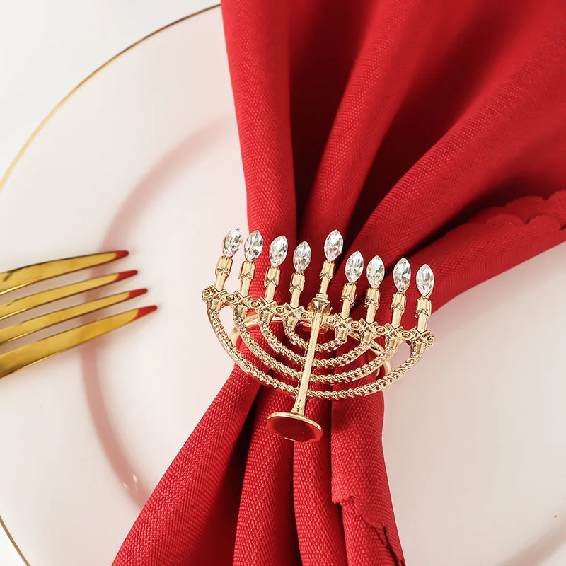 1/2Pcs Jewish Hanukkah Candlestick Gold Napkin Ring Serviette Buckles for Dining Table Chanukah Festival Wedding Party Decoratio