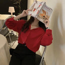 JOEVILU Red Chiffon Shirt Women French Elegant Long Sleeve Blouses Spring and Autumn Korean Fashion Tops Casual Sunscreen Jacket