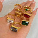 Luxury Fashion Stainless Steel Crystal Rings For Women Vintage Green Cubic Zircon Rhinestone Ring Party Statement Rings Jewelry