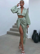 Kesiachiccly Satin Two Piece Set Women Crop top Autumn Long Sleeve Crop Top High Split Long Skirts 2 Piece Set Beach Clothes