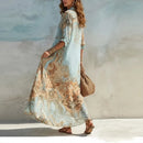 Women Summer Long Sleeve Maxi Dress Vintage Printed Fashion European Daily Casual Flowy Sundress
