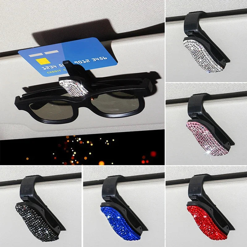 Sun Visor Mount Sunglasses Clip Holder Rhinestone Bracket Portable Sunglasses Car Crystal Clip Decoration Accessories