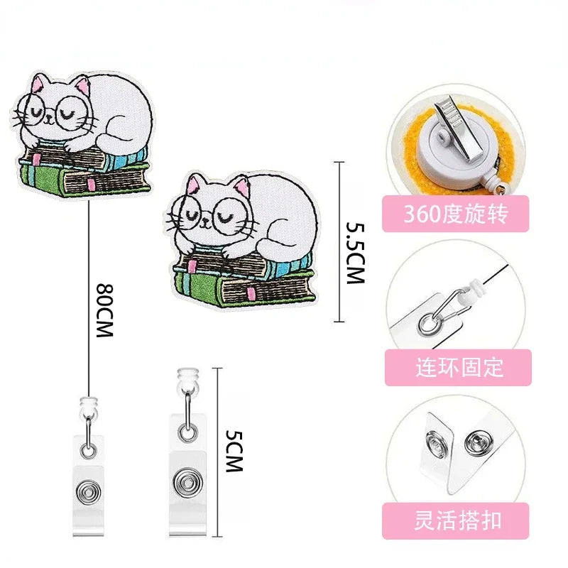 Creative Embroidery Badge Reels Cute Cartoon Cat Retractable Badge Reels Chest Pocket Work Card ID/IC Card Holder