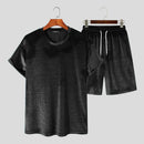 INCERUN Men Casual Sets Velour Solid Color O-neck Short Sleeve T Shirt & Drawstring Shorts Two Pieces 2023 Streetwear Men Suits