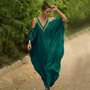 2023 Sexy Cold Shoulder V Neck Bats Sleeve Loose Summer Beach Dress Plus Size Women Beachwear Kaftan Black Dresses Q943