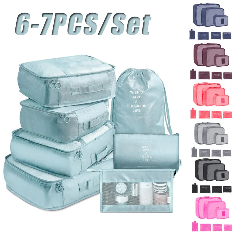 6/7 Pcs Set Travel Organizer Storage Bags Suitcase Packing Cubes Cases Portable Wardrobe Luggage Clothes Shoe Pouch Fold