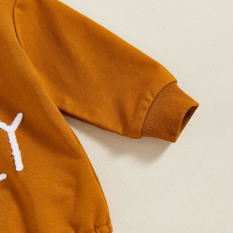Thanksgiving Baby Romper with Embroidered Turkey Design and Cozy Long Sleeves for Fall Festivities and Family Gatherings