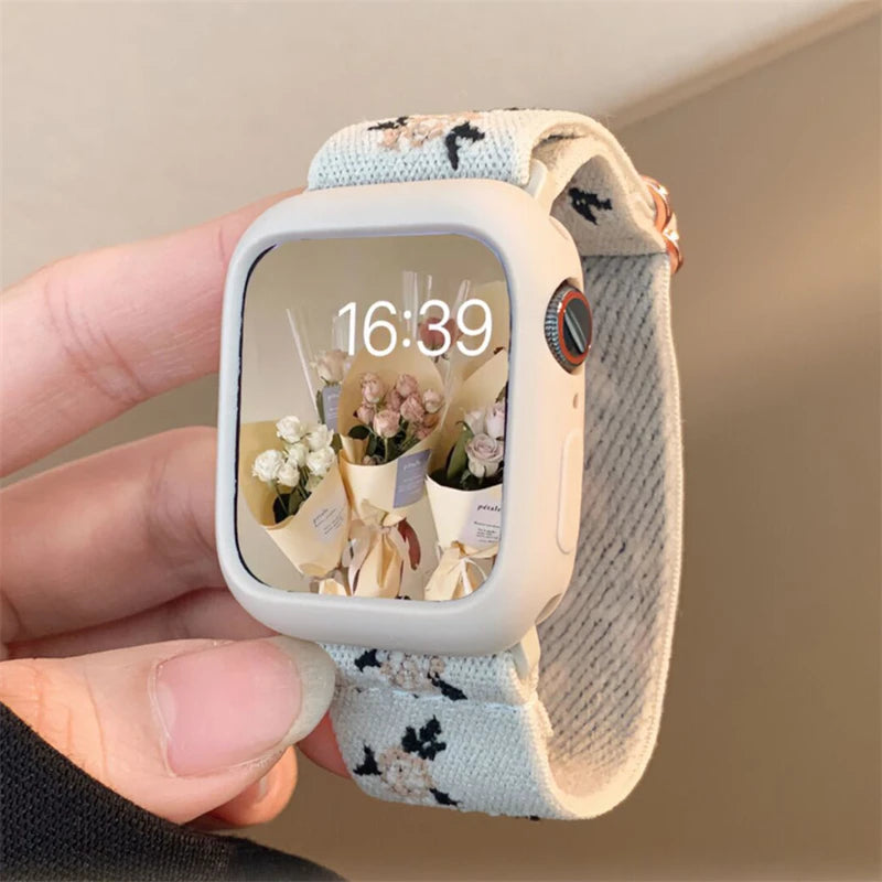 Retro Flower Strap+Case For Apple Watch Band 49mm 40mm 44mm 45mm 41mm 38 42mm Elastic Nylon Band For iWatch Serie 3 4 5 6 SE 7 8