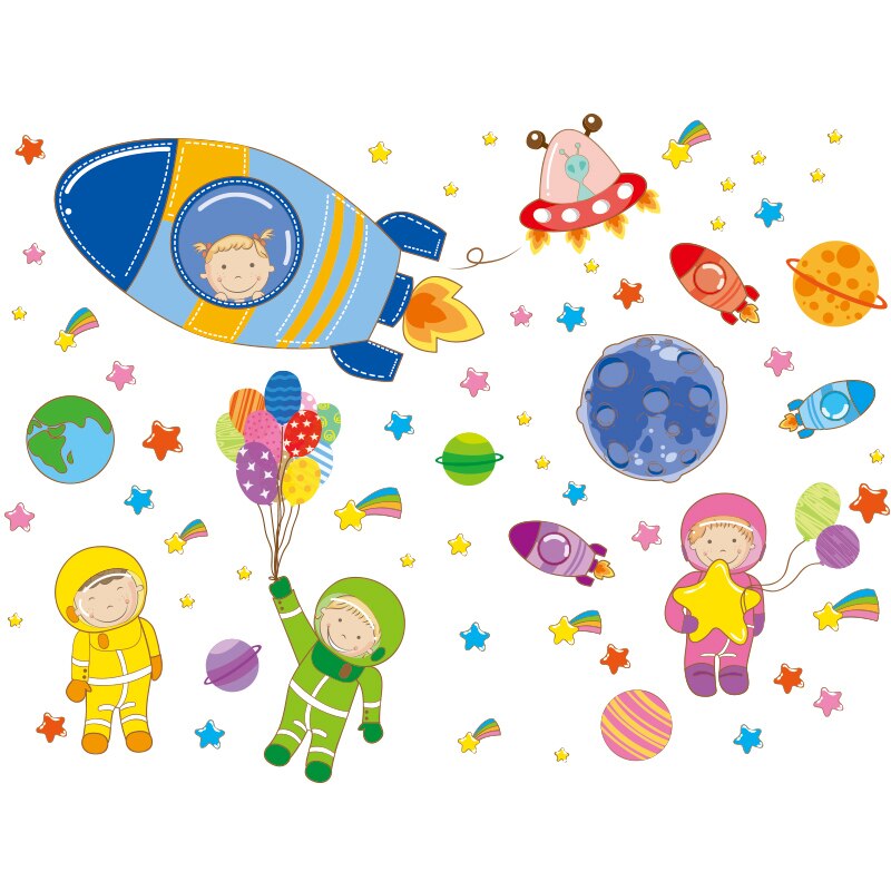 Outer Space Wall Stickers DIY Planets Rockets Astronaut Wall Decals for Kids Rooms Baby Bedroom Children Nursery Home Decoration