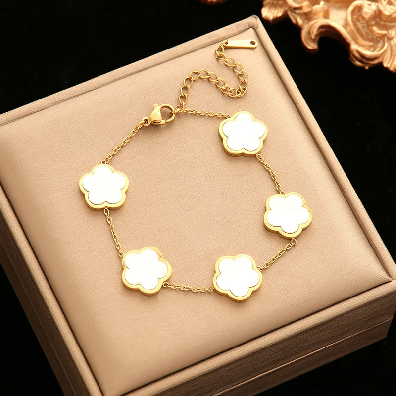 GANEMLY 316L Stainless Steel Golden Plum Blossom Plant Five Leaf Flower Set Necklace Earrings Bracelet Women Clover Jewelry Gift