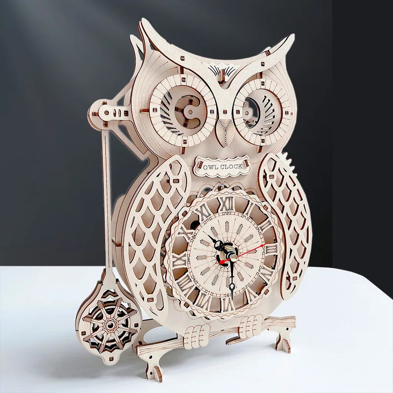 Wooden Puzzle 3D Owl Clock Model Building Kits Creative DIY Wall Clock Mechanical Retro Pendulum Clock Assembly Toy for Adults