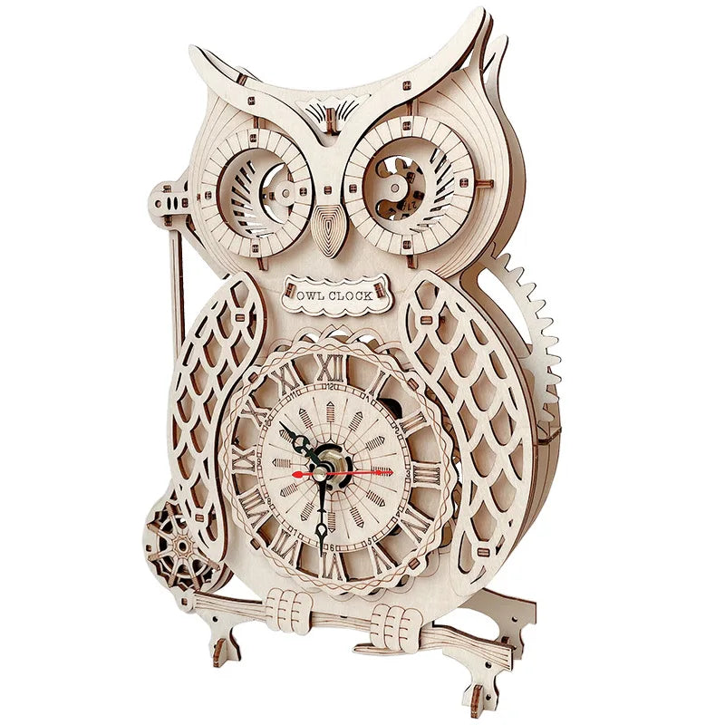 Wooden Puzzle 3D Owl Clock Model Building Kits Creative DIY Wall Clock Mechanical Retro Pendulum Clock Assembly Toy for Adults