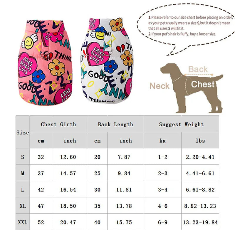 Winter Dog Vest Dopamine Graffiti Print Warm Windproof Outdoor Pet Jacket Fashion Chihuahua Yorkshire Clothes Pet Apparel