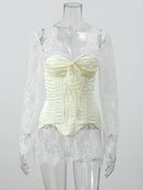 Sexy Lace Dress For Women Strapless Fishbone Corset Slim Waist Long Sleeve Mini Dresses 2026 New Hollow Out Party Two Piece Set