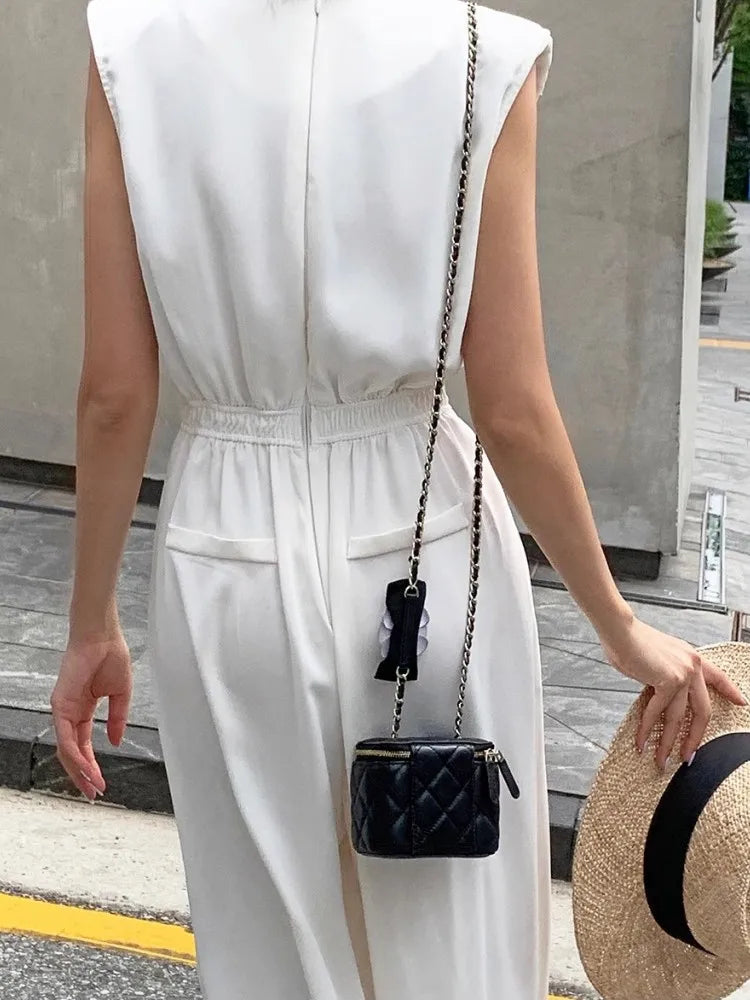 White Haute Couture Elegant Jumpsuit For Women'S Summer V-Neck Sleeveless Chic Slit Style Slim Fit Jumpsuit