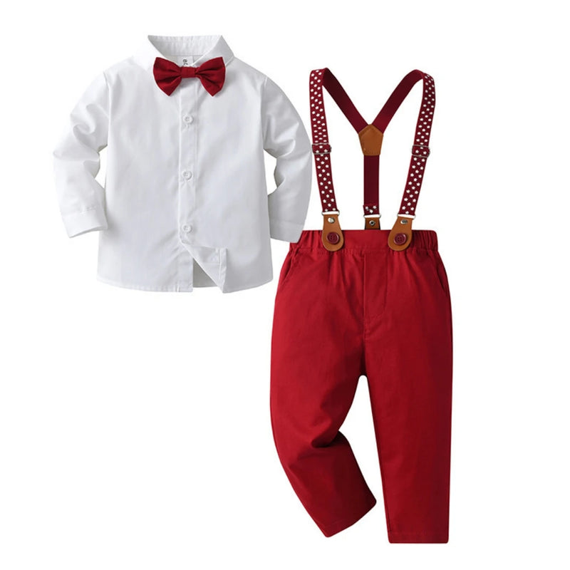 1 2 3 4 5 6 7Y Boy Christmas Outfit White Shirt+Star Printed Strap Set Children Autumn Formal Gentleman Wedding Flower Costume