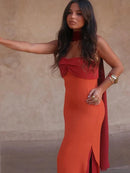 Fashion Women Color Blocking Scarf Collar Sling Dress Sexy Split Waist Cinching Bodycon Maxi Gowns 2026 Lady Club Party Vestidos