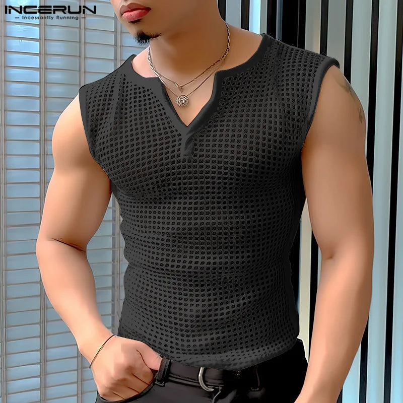 2024 Men Tank Tops Mesh Hollow Out Solid V Neck Sleeveless Summer Male Vests Streetwear Transparent Fashion Men Clothing INCERUN