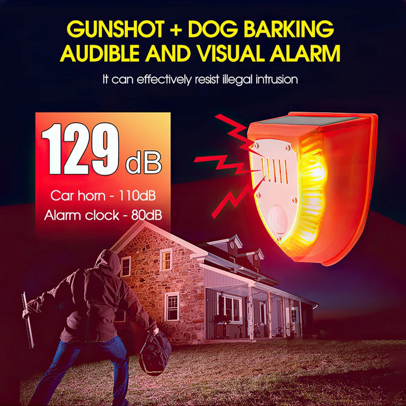 Solar Powered Infrared Motion Sensor Detector Alarm Light with 129db Dog Barking Independent Security Alarm for Home Garden Farm