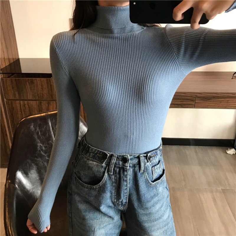 2023 Spring Slim Long Sleeve Turtleneck Autumn Winter Sweater Women Knitted Ribbed Pullover Sweater Jumper Soft Warm Pull Femme