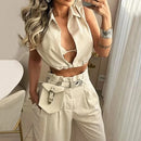 Casual Two Piece Pants Set outfits 2025 Solid Lapel V Neck Sleeveless Crop Top High Waist Pocket Wide Leg Pants Set Streetwear