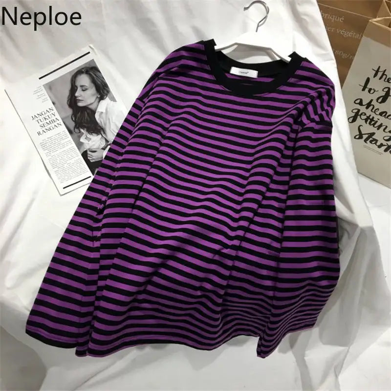 Neploe 2024 Autumn Striped Sweaters Medium-long Causal Pullovers Thin O-neck Top Korean Streetwear  Women Hoody Pull Femme