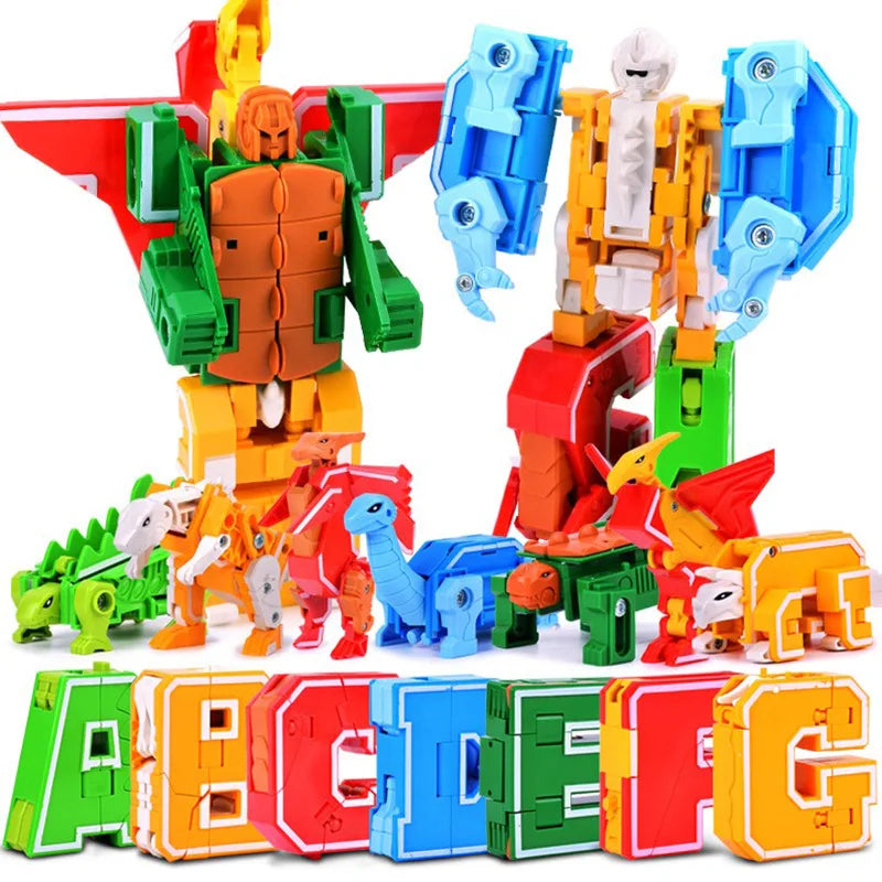 26 GUDI English Letter Learn A-Z Alphabet Transformation Robot Dinosaur Deformation Animal Action Figures  Building Block Toys