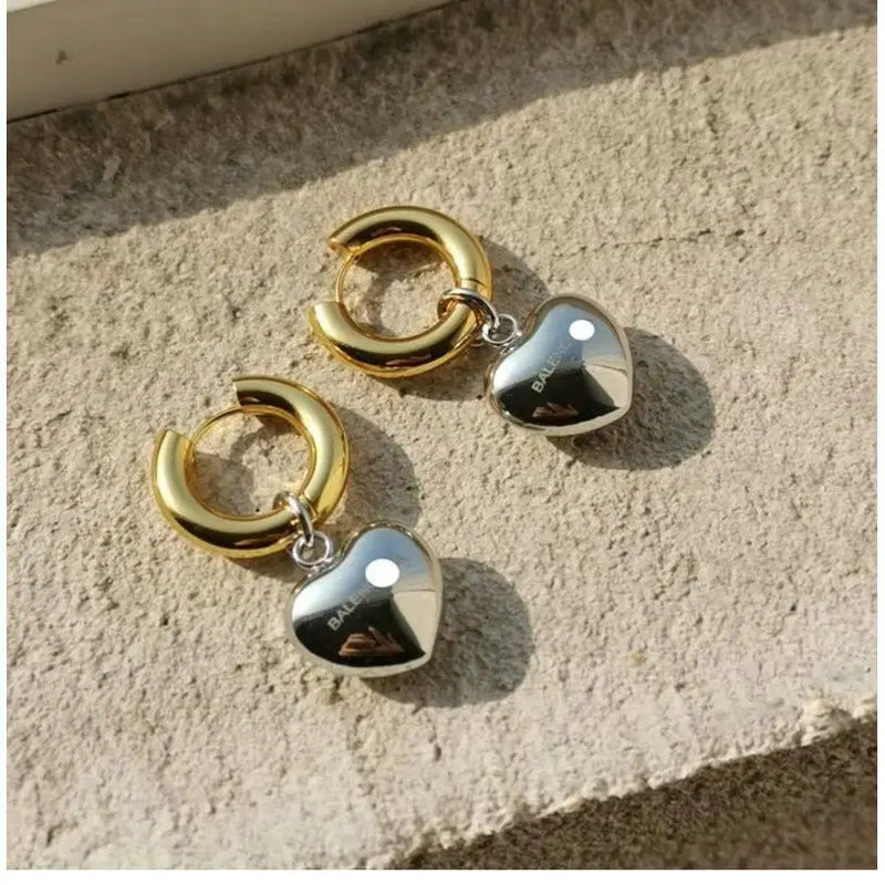 Statement Minimalist Gold Silver Color Mixed Solid Heart Pendant Hoop Earrings Street Style Korean Fashion Jewelry Gift