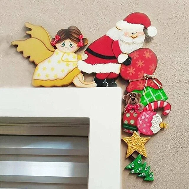 Wooden Christmas Door Frame Hanging Ornament Santa Claus Elk Angel Wood Pendant Crafts for Home Restaurant New Year Decor Gifts