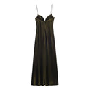 HH 2025 Women Red V-Neck Holiday Style Satin Texture Long Dress Sleeveless Summer Women's Back Zipper Fashion Sling Dresses