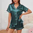 Summer Women's Pajama Set Satin Short Sleeve Lapel Tops with Shorts Sleepwear 2 Piece Loungewear Nightwear Home Clothes