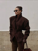 Women Fashion V-neck Lapel Belt Leather Jacket Chic Lace Up High Waist Full Sleeve Overcoat 2025 Lady Autumn High Street Outwear