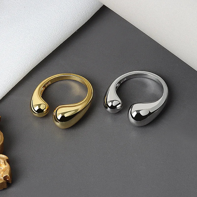 S925 Silver Minimalist Retro Water Drop Opening Plated Real Gold Niche Design Ins Ring Metal Ball Ring Female