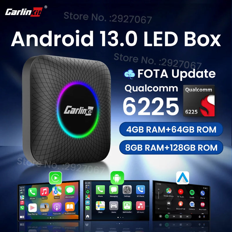 CarlinKit CarPlay Ai Box Android 13 SM6225 8 cores 8G+128G Smart Android TV Box Wireless CarPlay Android Auto Support 512GB TF