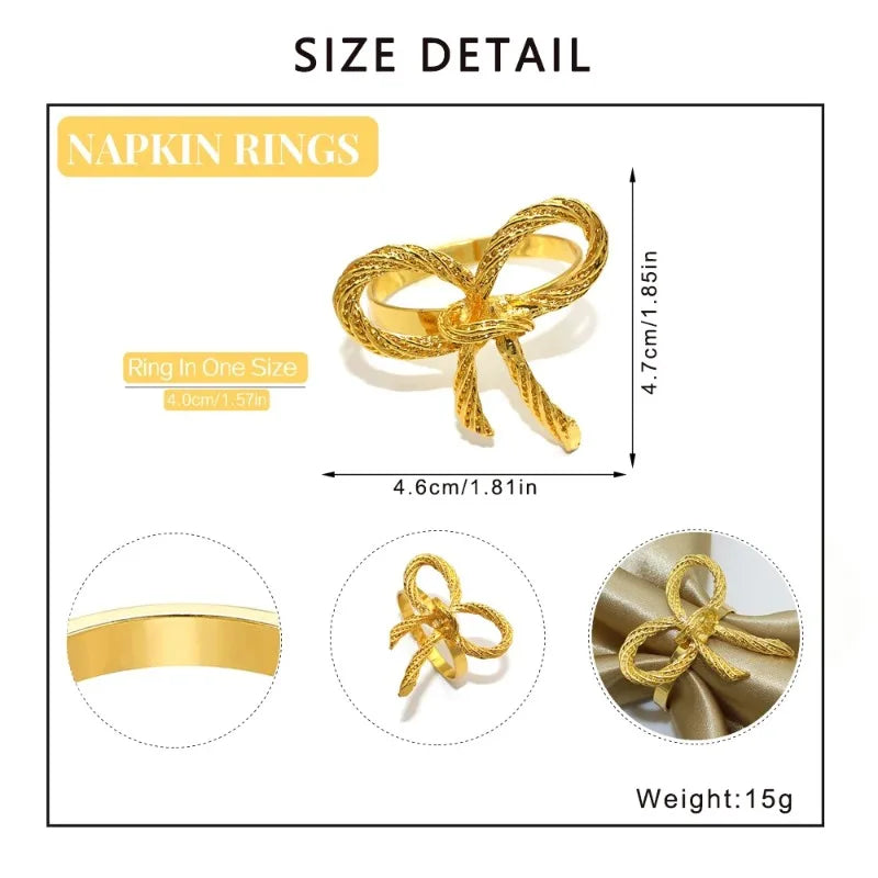 6Pcs Bowknot Napkin Rings Metal Gold Silver Napkin Holder for Christmas Thanksgiving Wedding Banquet Table Decorations