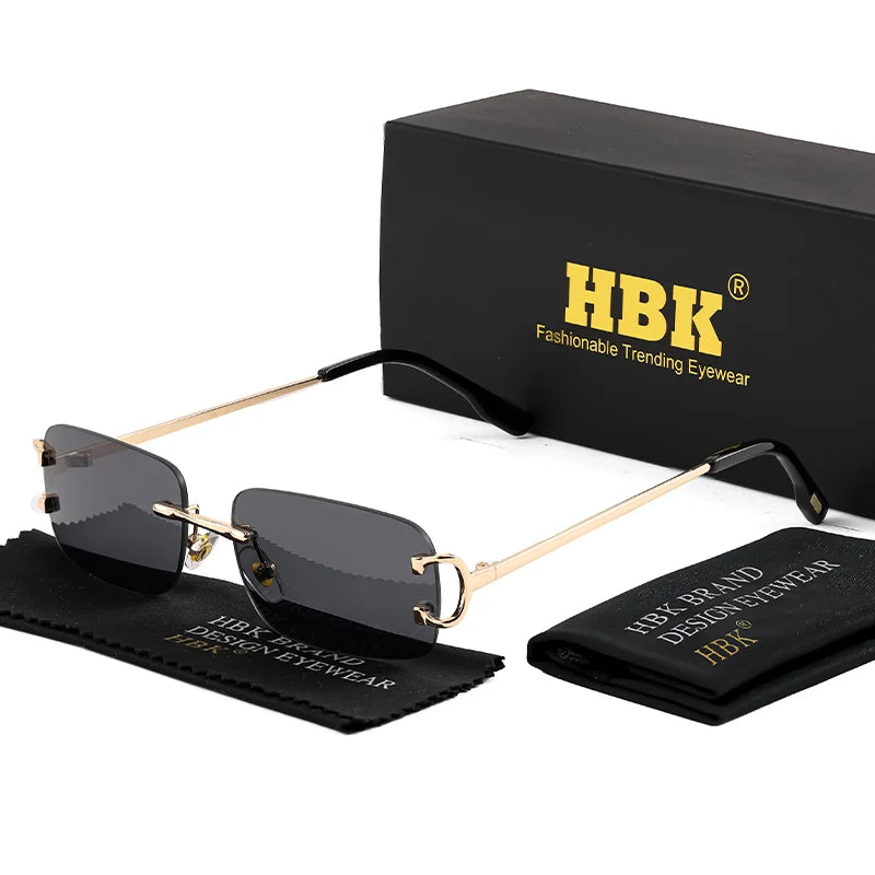 HBK Retro Rimless Sunglasses For Women Men Small Square Gold Frame Brand Design Tea Shades Rectangle UV400 Zonnebril Eyewear