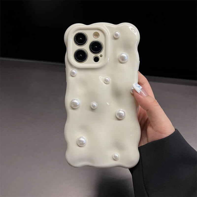 Luxury 3D Pearl Wavy Phone Case for iPhone 15 14 Pro Max 15Pro Shockproof Soft Silicone Ins Cover for iPhone 11 12 13 Pro Max