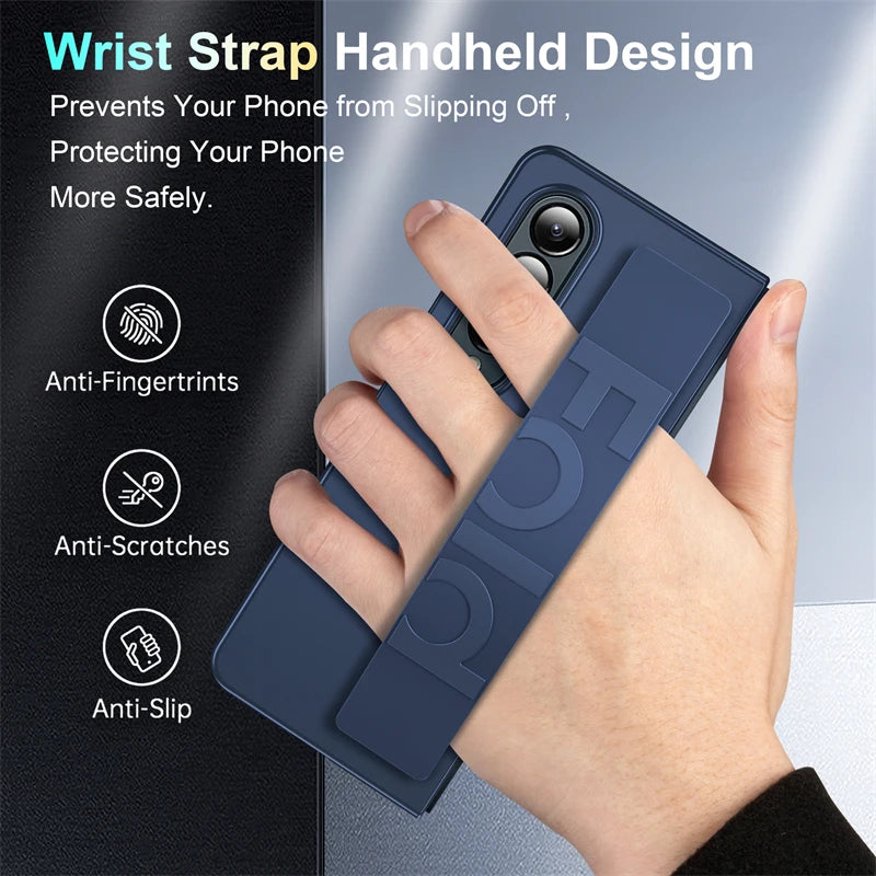 Luxury Silicone Elastic Wrist Strap Folding Case For Samsung Galaxy Z Fold 5 4 3 5G Ultra Thin Matte Clear Shockproof Hard Cover