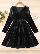Autumn And Winter Girls Retro V-Neck Long-Sleeved Solid Color Sequined Birthday Party Dress With Belt