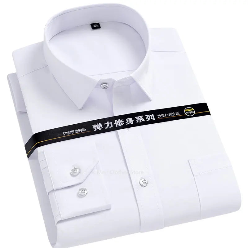 Men's Strech Solid Dress Shirt Anti-Wrinkle Long Sleeve Plain Casual Shirts Male Regular Fit Non-iron Easy Care Work Clothes Man
