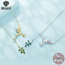 BISAER 925 Sterling Silver Hummingbird Pendant Necklace Green Leaf Adjustable Chain 14K Gold Plated For Women Fine Jewelry ECN21