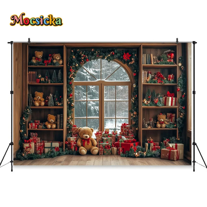 Christmas Toy Bear Gift Room Background Photography Kids Baby Show Wooden Bookshelf Window Backdrop Winter Xmas Tree Gift Booth