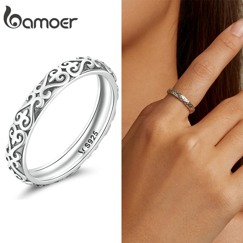 Bamoer Vintage 925 Sterling Silver Embossed Vintage Pattern Ring for Women Simple Silver Ring Fine Jewelry Luxury Brand Gift