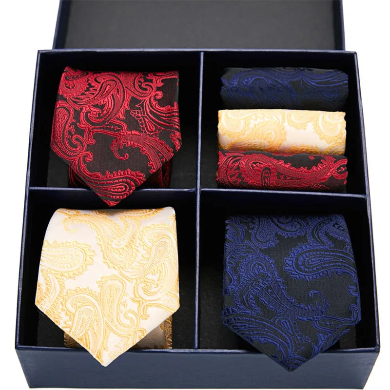 2024 New Men's Gift Box Ties Fashion Burgundy Cashew Printing Bussiness  Stripe Neckties Pocket Squre 3 Sets Of Combination Set