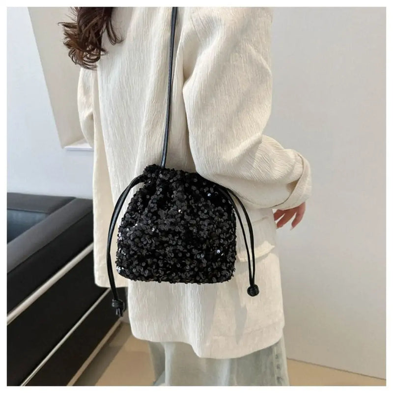 Creative Multicolor Sequin Shoulder Bag Fashion Versatile Handbag Drawstring Bucket Bag Large Capacity Wallet Purse