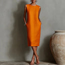 Elegant Minimalist Women Midi Dress Bohemian Sleeveless Crew Neck Straight Dress Side Pocket Solid Resort Wear Office Lady Dress
